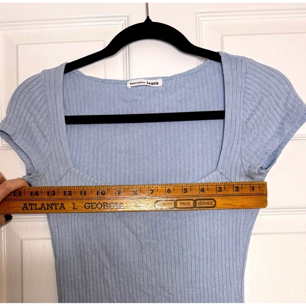 Reformation Jeans Ribbed‎ Square Neck Short Sleeve Top Baby Blue Size S - Picture 5 of 6
